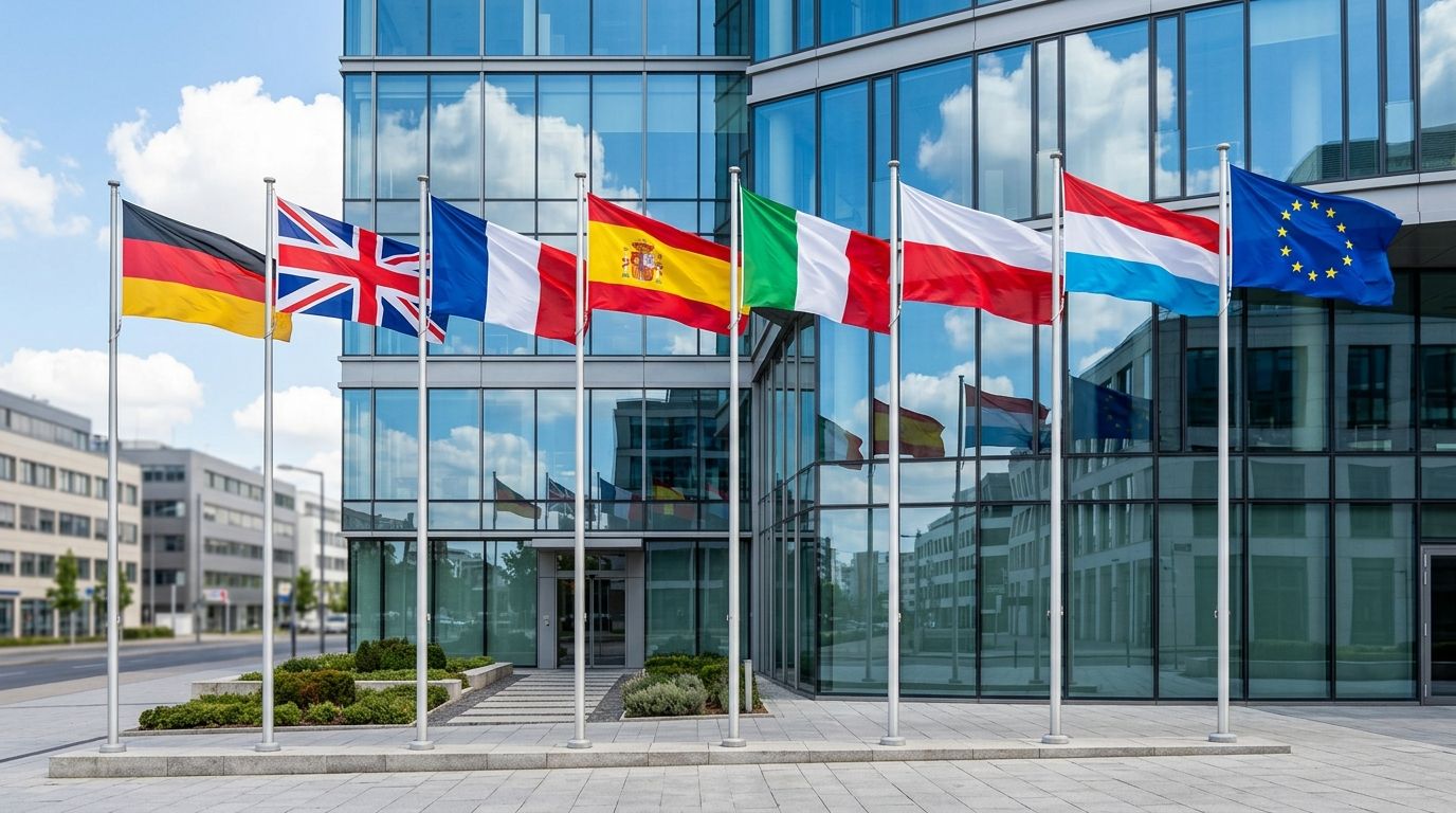 Europäische Flaggen vor einem modernen Unternehmensgebäude